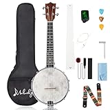 Mulucky Banjolelele, 4-saitige Banjolelele, Banjo-Ukulele, Konzertgröße 58 cm mit Remo-Kopf, geschlossene Massivholzrückseite, Anfänger-Set mit Halsspannstange, Tuner String Strap Picks, MBU-803