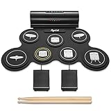 POGOLAB Aufrollen E-Drum Set, 7 digitale Drum Pad Schlagzeug Elektronisch, Drahtlose Funktion, mit zwei Stereo-Lautsprechern/Drumsticks/Kopfhörerschlitz, 10 Stunden Laufzeit, für Anfänger