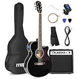 MAX ShowKit Elektro Akustik Gitarre Set mit Verstärker 40 Watt, Gitarrentasche, Gitarrenstimmgerät, Instrumentenkabel, Plektrum und E Akustikgitarre mit Tonabnehmer Schwarz