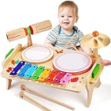 Sweet time Kinder Trommel Set, Musikinstrumente Kinder Set Musik Kinderspielzeug mit Xylophon, Holz Spielzeug Baby Musikspielzeug Montessori Lernspielzeug Schlagzeug für Kleinkinder Jungen Mädchen