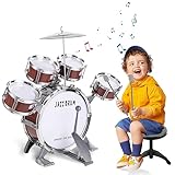 Kinderschlagzeug,Schlagzeug für Kinder Set 5 Trommelns mit Hocker Percussion-Musikinstrumente,Jazz Rock Drum Set Kindergeburtstag Weihnachten Kinder ab 3 Jährige (Rot)