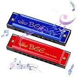 2 Stück Mundharmonika, 10 Löcher 20 Töne Blues Mundharmonika Tonart C Diatonische Mundharmonika Perfektes Musikgeschenk für Kinder Erwachsene Anfänger und Interpreten (Rot Blau)