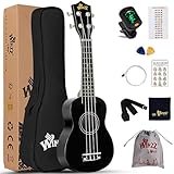 Winzz Sopran Ukulele Starter Kit für Anfänger mit Tasche, Clip-On Tuner, Zusätzlichen Saiten, Gurt, Plektron, Griffbrettaufkleber, Akkord-Karte, Poliertuch Schwarz